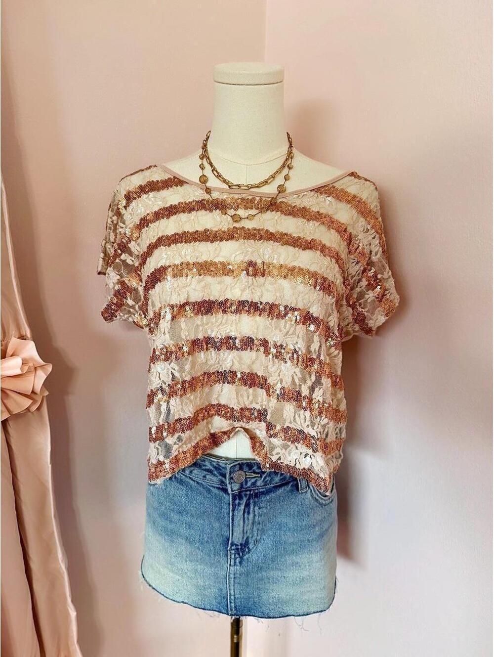 Y2K Justify Rose Gold Sequin Lace Top | Sheer Cream Floral Overlay Blouse | M